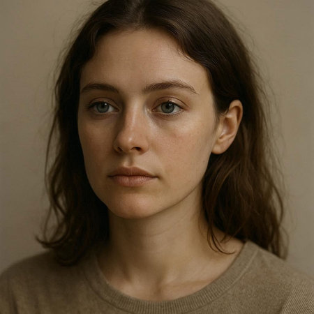 Portrait of a young woman with freckles and brown hair