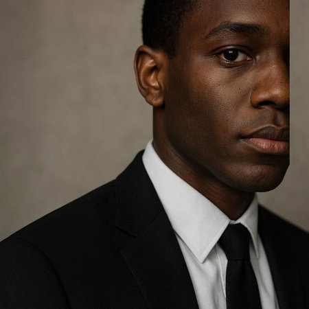 Portrait of a black man in a black suit and tie.の写真素材
