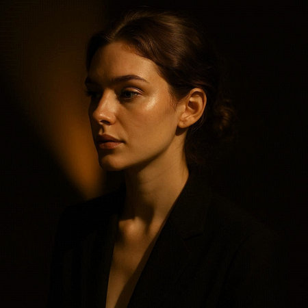 Portrait of a beautiful young woman in a black suit on a dark background