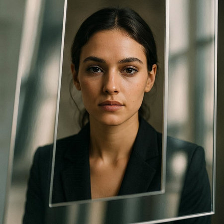 portrait of a beautiful young brunette woman in a black suitの写真素材