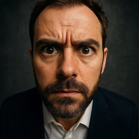Close up portrait of a man with beard and mustache on dark background