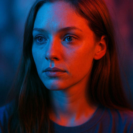 Portrait of a beautiful young woman in blue and red light.