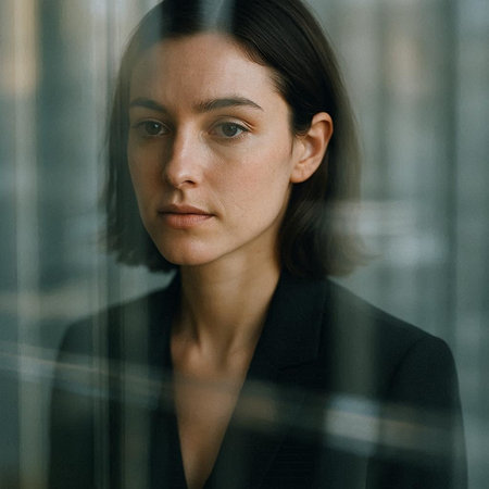 portrait of a beautiful woman in a black coat on the background of the window
