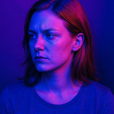 Portrait of a young woman in blue light against purple background.