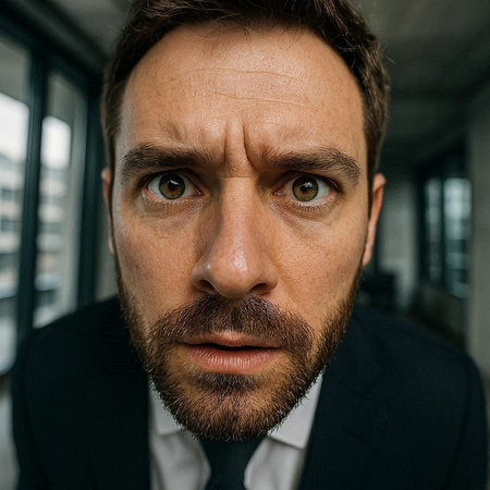Portrait of a serious man with a beard and mustache looking at the camera
