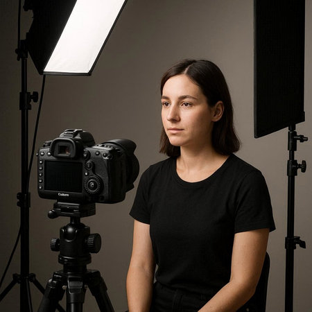 Young beautiful woman in a black T-shirt with a professional camera on a gray background.
