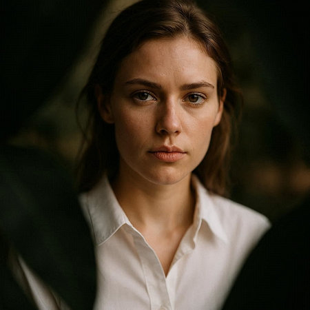 Portrait of a young woman in a white shirt and black pants.