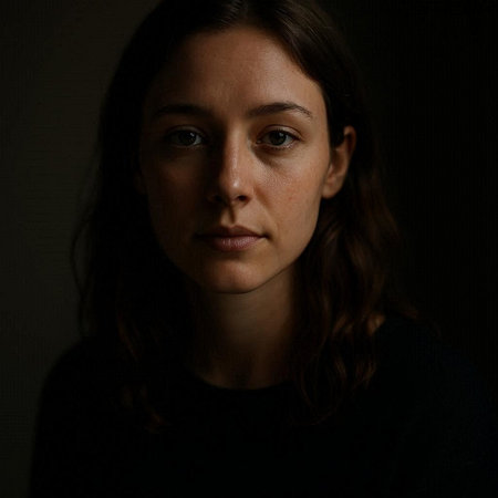 Portrait of a beautiful brunette woman in a dark room.