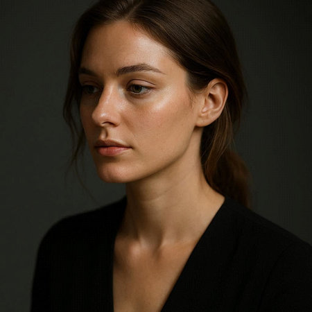 Portrait of a beautiful young woman in a black sweater on a dark background