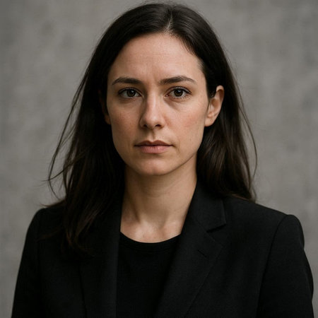 Portrait of a young woman in a black suit on a gray background