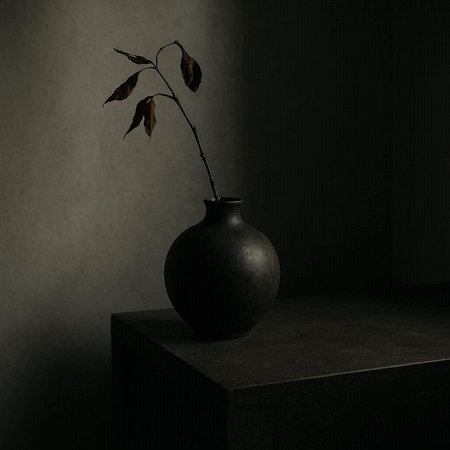 Black vase with a plant in the dark room. 3d rendering