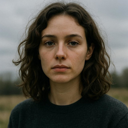 Portrait of a young woman with curly hair in the field.
