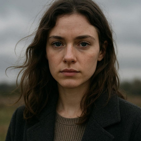 Portrait of a young woman with long brown hair in a coat