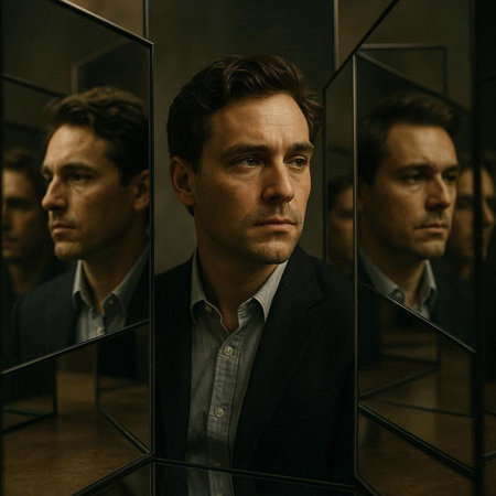 Portrait of a serious businessman standing in front of a mirror looking at the camera