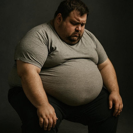 Fat man in grey t-shirt and pants sitting on dark background