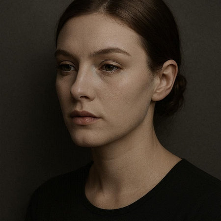 Portrait of beautiful young woman in black t-shirt. Studio shot.