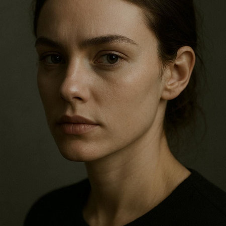 Portrait of a beautiful young woman in a black T-shirtの写真素材