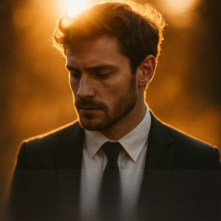 Portrait of a handsome man in a suit and tie on a dark background.