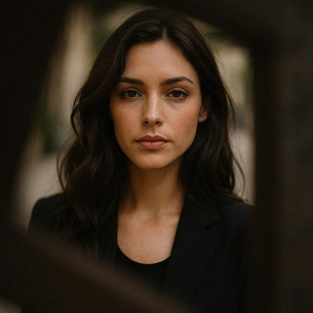 Portrait of a beautiful brunette woman in a black suit.