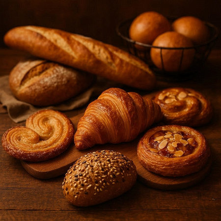 Freshly baked buns, croissants and baguettes on a wooden background
