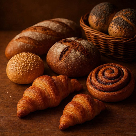 assortment of baked bread and croissants on wooden table.の写真素材