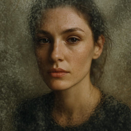 Young woman behind the wet glass, looking at the camera, portrait