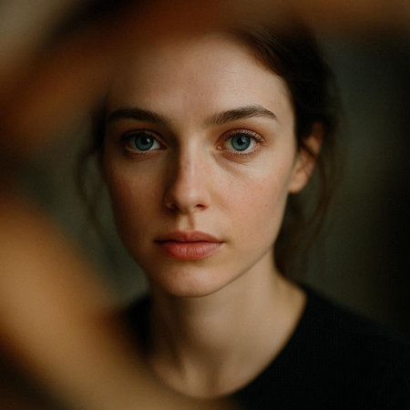 Portrait of a beautiful girl with blue eyes in a black T-shirt