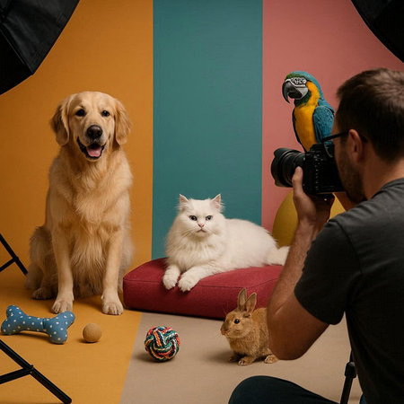 Photographer taking photo of golden retriever dog and cat in studio