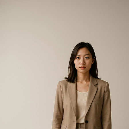 Portrait of a young Asian businesswoman in a beige suit