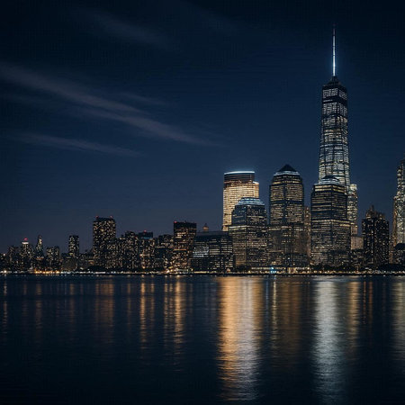 Manhattan skyline at night with reflection in New York City, USA.