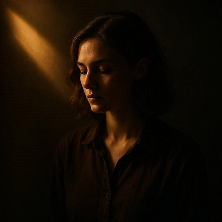 Portrait of a young woman in a dark room with rays of light
