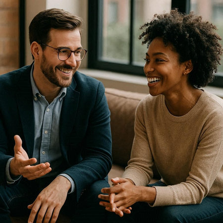 Smiling african american woman in eyeglasses talking to male psychologist