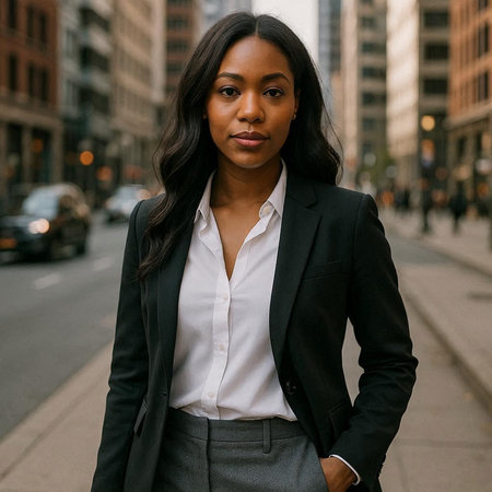 Fashionable young african american woman in a business suit on the street.