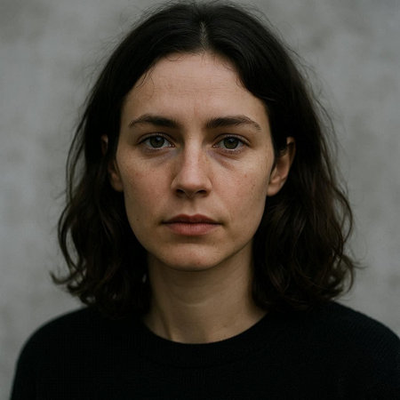 Portrait of a young woman with dark hair on a gray background