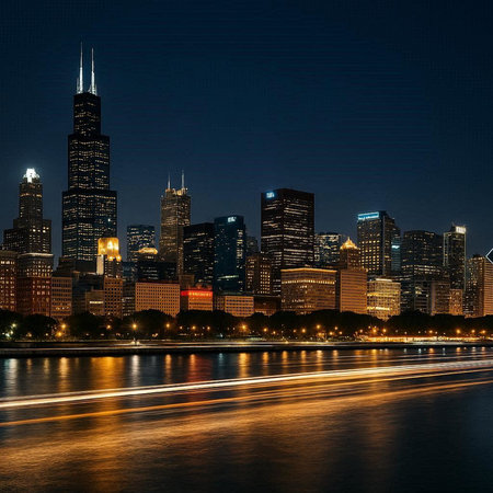 Chicago skyline at night with urban skyscrapers and river, USA.