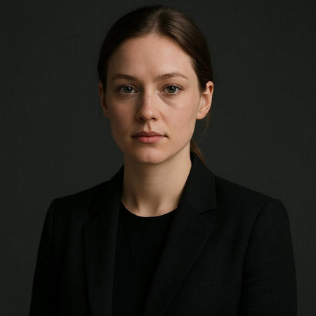 Portrait of a beautiful young woman in a black suit on a dark backgroundの写真素材