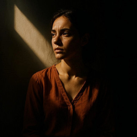 Portrait of a young woman in a dark room with light from the window