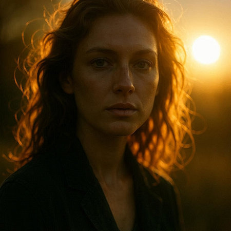 Portrait of a beautiful woman with long curly hair at sunset.