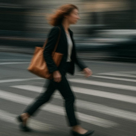 Blurred image of a businesswoman walking on a zebra crossing
