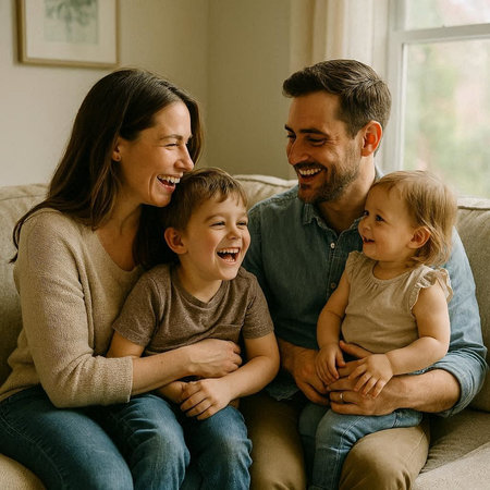 Happy family sitting on sofa at home and laughing. Mother, father and children are looking at each...