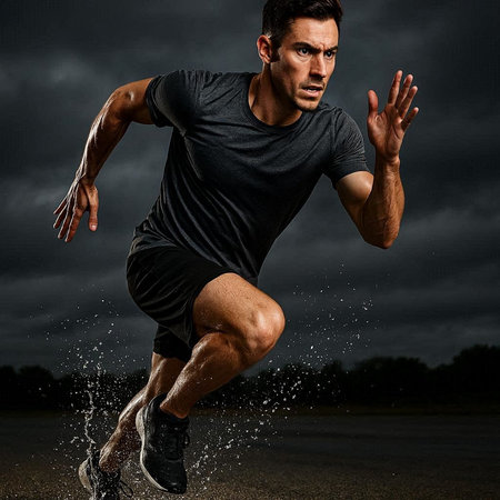 one caucasian man runner jogger running in the rain on dark background