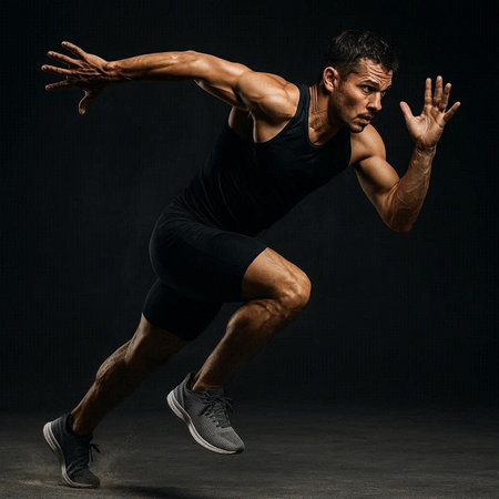 Handsome muscular sportsman in black sportswear running on dark background