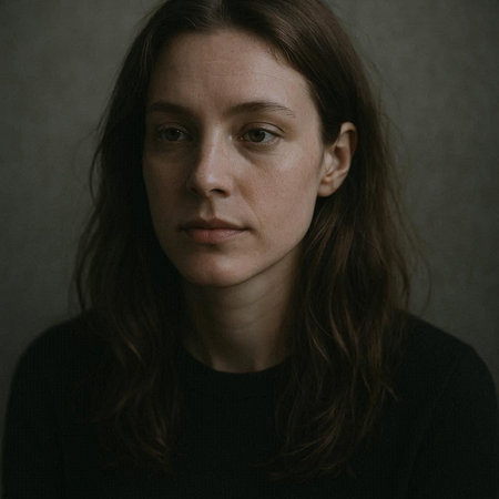 Portrait of a young woman with long brown hair in a black sweater