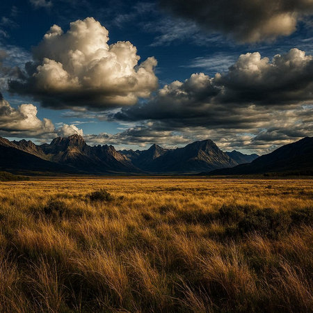Beautiful landscape of New Zealand alps and meadow under cloudy skyの写真素材