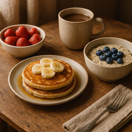 Pancakes with banana, blueberries and honey on wooden table