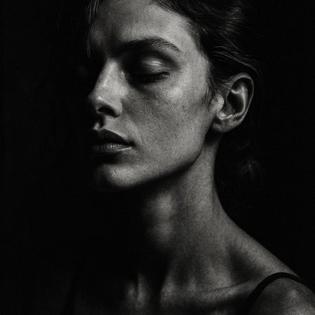 Black and white portrait of young beautiful woman with closed eyes on black background