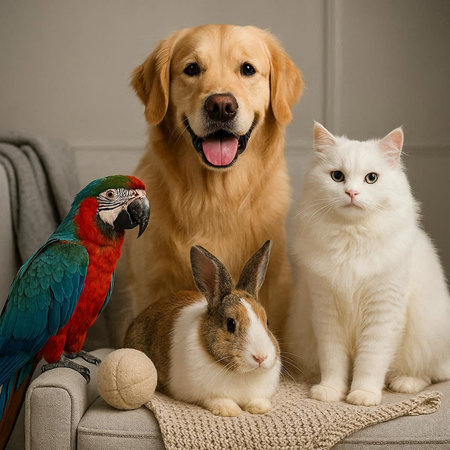 Cat, dog and dog sitting on a sofa with a macaw