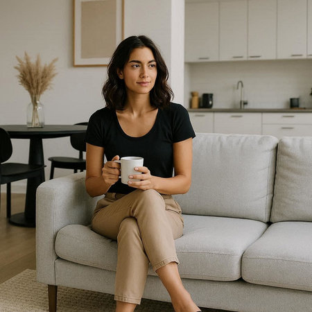attractive young woman holding cup of coffee while sitting on sofa at home