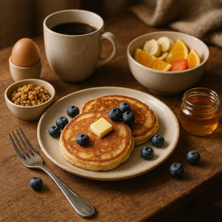 Pancakes with blueberries, honey and butter on a wooden background