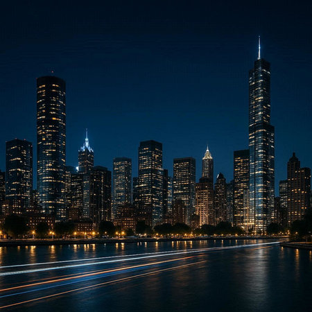 Chicago skyline at night, Illinois, USA. Digital painting style.